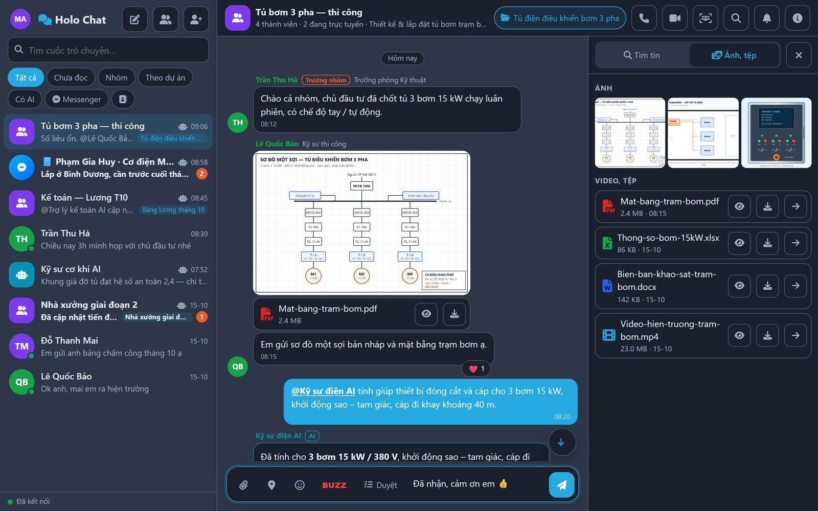 Kỹ sư gửi sơ đồ một sợi và bản vẽ mặt bằng PDF ngay trong nhóm Holo Chat, kèm lời nhắn