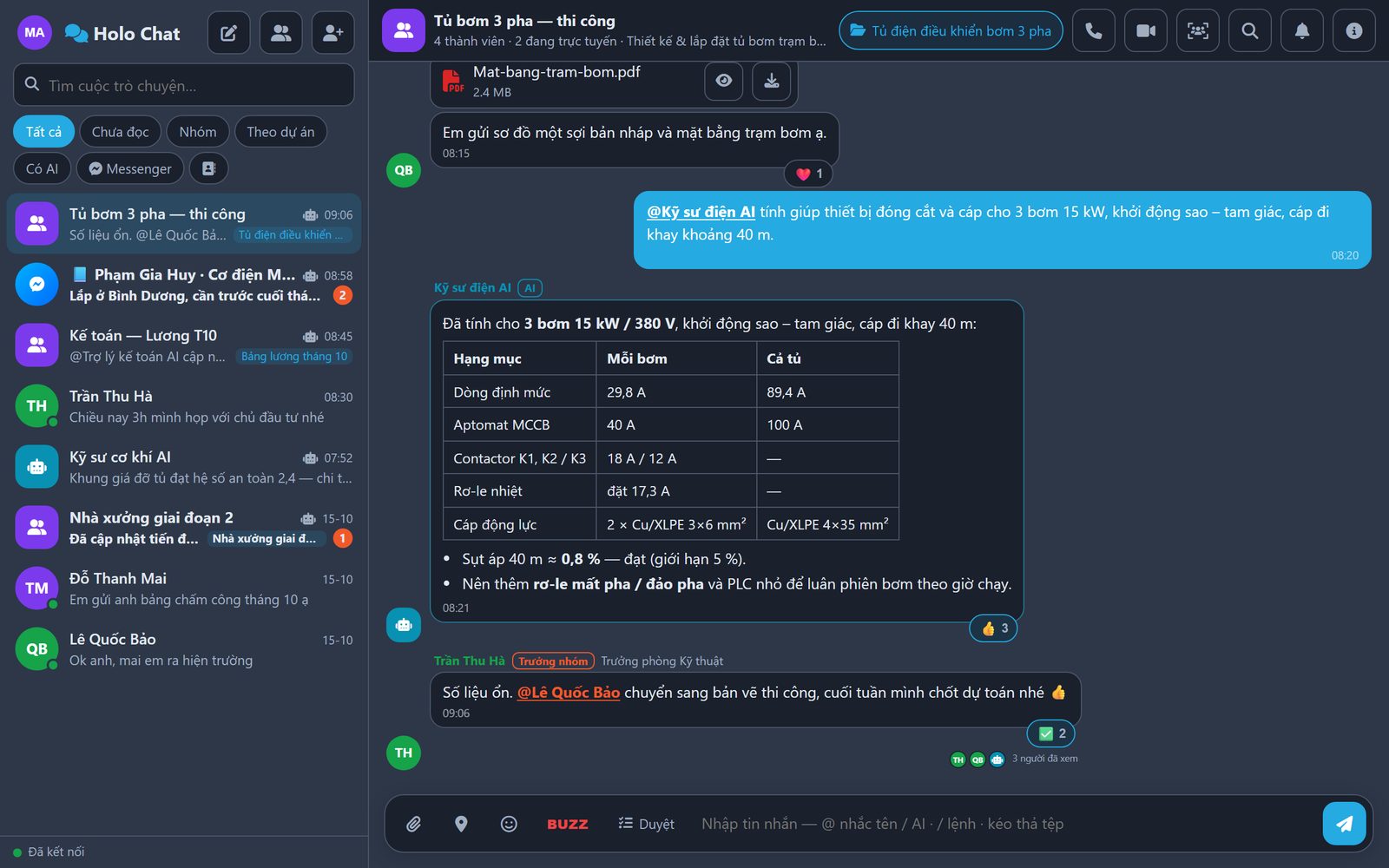 Nhóm chat Holo có Kỹ sư điện AI trả lời trong OctaX Assistant