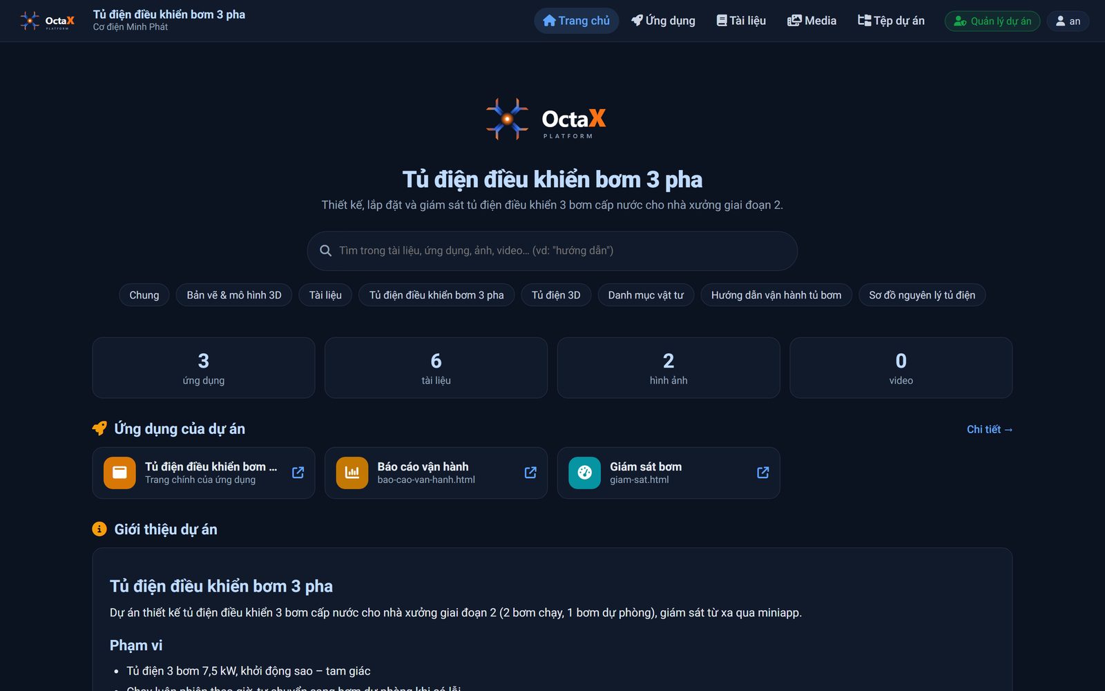 Cổng tra cứu của một dự án Miniapp: ô tìm kiếm, chủ đề, danh sách ứng dụng và phần giới thiệu, không lộ mã nguồn