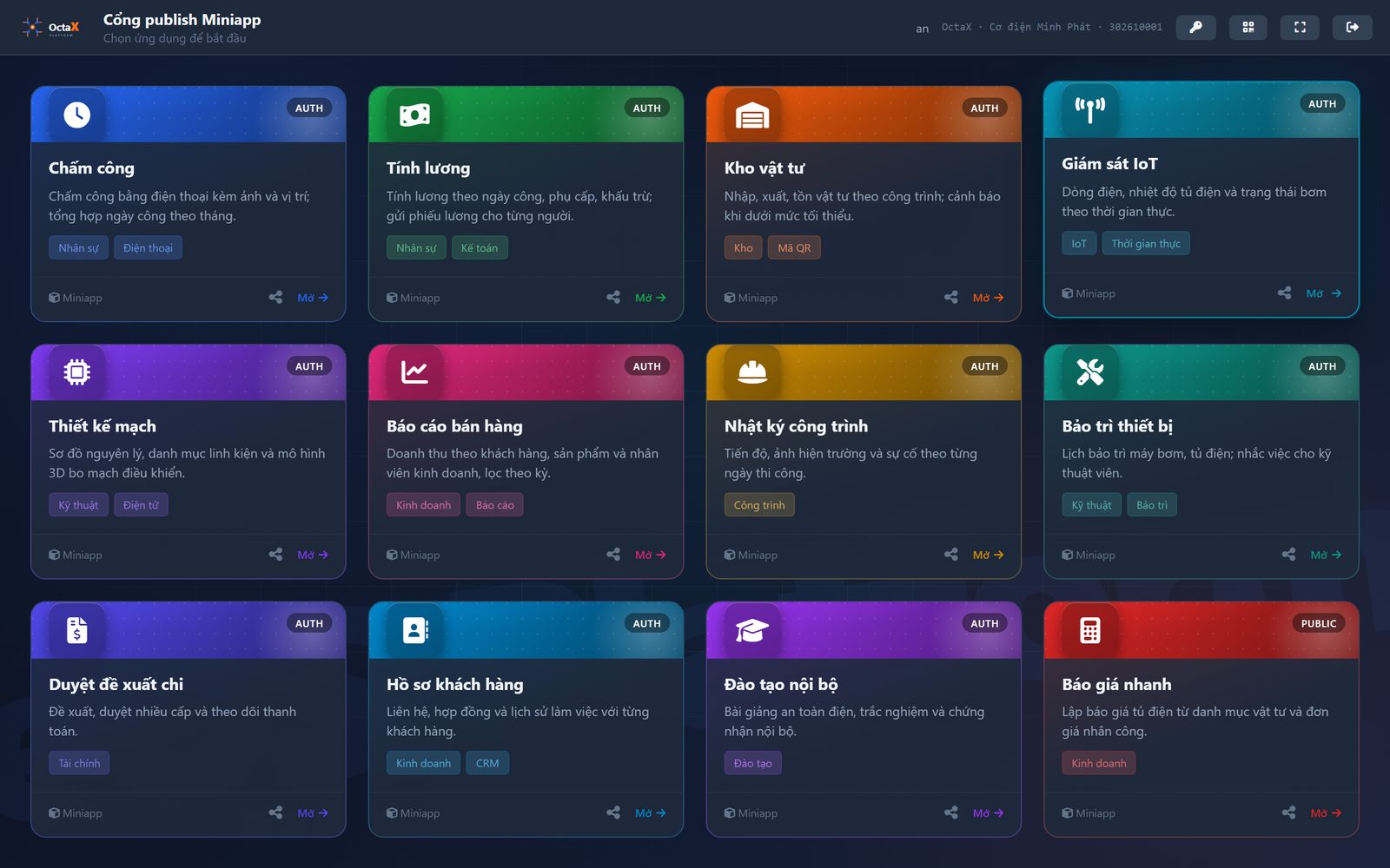 Cổng ứng dụng Miniapp: lưới các ứng dụng nghiệp vụ như chấm công, tính lương, kho vật tư, giám sát IoT, báo giá nhanh